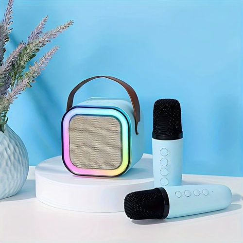⭐Compact karaoke device with two wireless microphones and mobile speakers with LED lighting