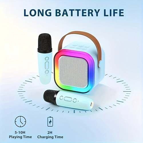 ⭐Compact karaoke device with two wireless microphones and mobile speakers with LED lighting