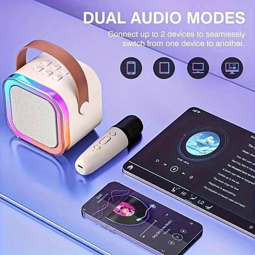 ⭐Compact karaoke device with two wireless microphones and mobile speakers with LED lighting