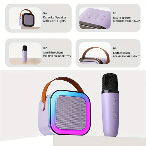 ⭐Compact karaoke device with two wireless microphones and mobile speakers with LED lighting