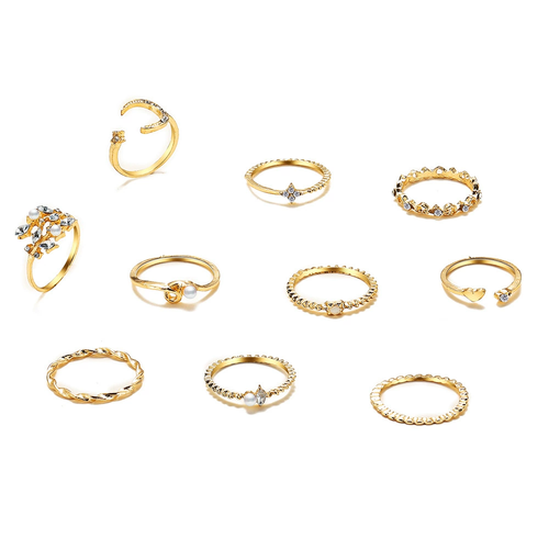 ⭐Star-moon Ring Love Leaf Geometry 10-piece ring set Creative retro women's articulated ring set