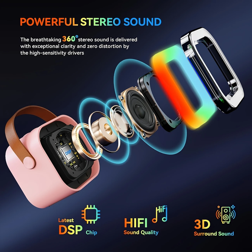 ⭐Compact karaoke device with two wireless microphones and mobile speakers with LED lighting