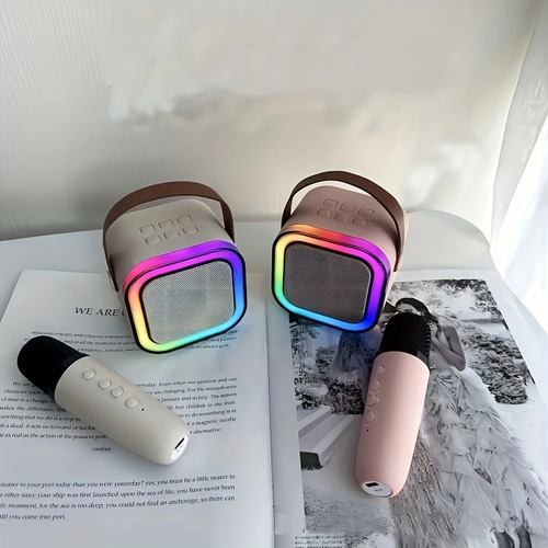 ⭐Compact karaoke device with two wireless microphones and mobile speakers with LED lighting