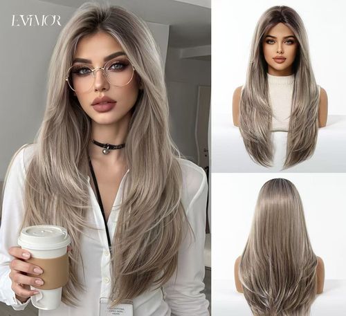 🔥Women's Full-Head Wig: Fashionable European and American Style, Layered Wig with Ombre Gray Synthetic Hair