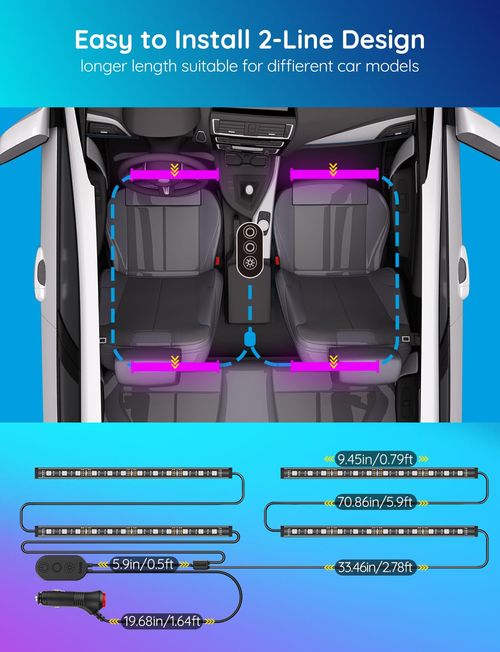 2PCS Car Interior Ambient Lights, Wireless Multicolor Car Strip Lights USB Rechargeable Multicolor RGB LED Strip Light Remote-Sound Control Car Star Ceiling Light with Music Sync