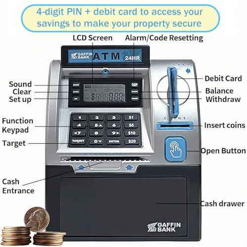 Kids ATM Piggy Bank with Debit Card & Onekey Door Opening for Real Money