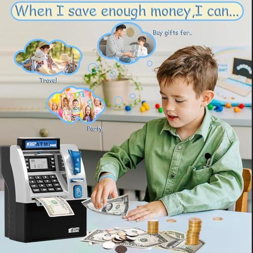 Kids ATM Piggy Bank with Debit Card & Onekey Door Opening for Real Money