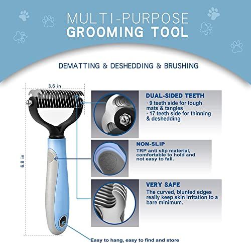 Grooming Tool- Dog and Cat Dematting Comb and Brush with 2 Sided Professional Grooming Rake (Blue, Grey)