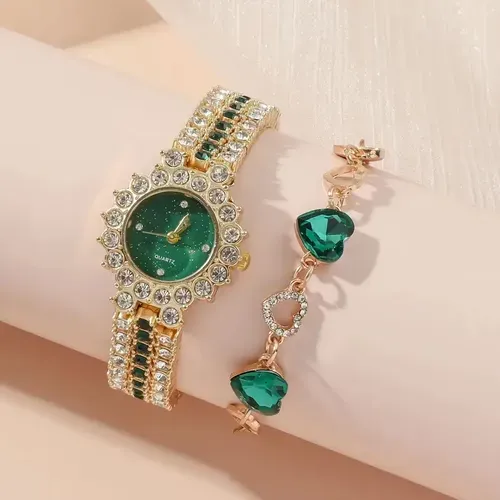 5pcs Elegant Women'S Jewelry Set - Classic Green & Golden Quartz Wrist Watch, Non- Round Alloy Case, Party Style, Non-Rechargeable Button Battery