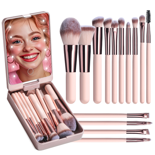 LED makeup mirror with light and brush, foldable and rotating beauty mirror
