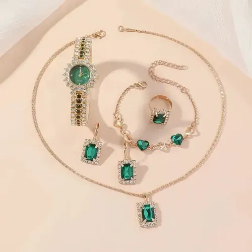 5pcs Elegant Women'S Jewelry Set - Classic Green & Golden Quartz Wrist Watch, Non- Round Alloy Case, Party Style, Non-Rechargeable Button Battery
