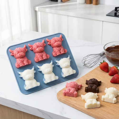 🐮 Mini Highland Cow Ice Cube & Dessert Mold 🧊🍪 Cute 3D Ice for Drinks, Parties & Gifts💕🔥6-Cavity