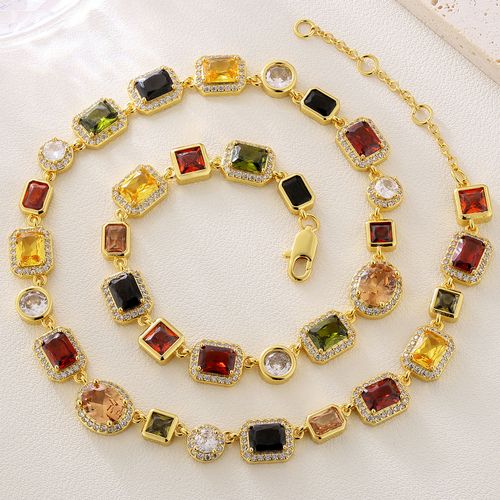 Multi Colored Sparkly Gemstone 5A CZ Chokers Chain Party Prom Neck Jewelry 18K Gold Geometric Gem Stone Men Necklace