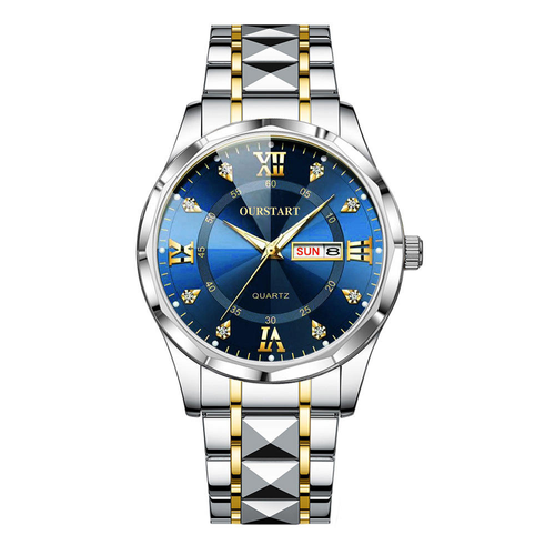 Montre-bracelet pour homme en acier bicolore au design géométrique, cadran bleu foncé effet soleil avec index romains et double calendrier, à quartz