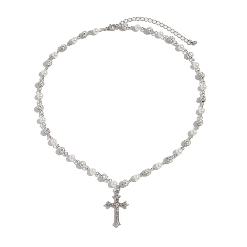 Trendy Inlay Rhinestone Shiny Disco Ball Beaded Cross Necklace for Men Charms Male Imitated Pearl Necklace Fashion Jewelry Gifts