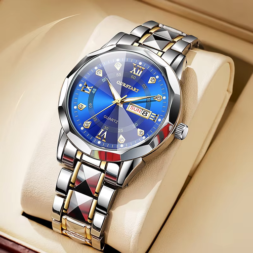 Geometric Two-Tone Steel Men's Watch Deep Blue Sunburst Dial with Roman Markers & Dual Calendar Quartz Wristwatch