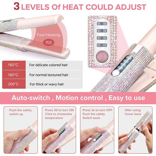 Mini Wireless Straightening Iron: Rechargeable, Portable USB Hair Styler – Dual-Function Curling and Straightening with Rhinestone Accents