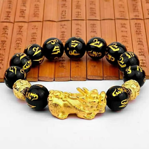 Lucky Feng Shui Obsidian Gold-Plating Wealth Brave Troops PiXiu Women Mens Bracelet Jewelry