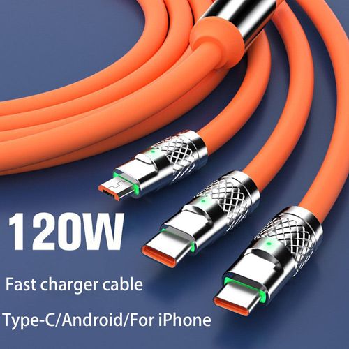 3 in 1 Zinc Alloy Quick Charge Mobile Phone Usb Cable with 3A 120W Fast Charging Cable