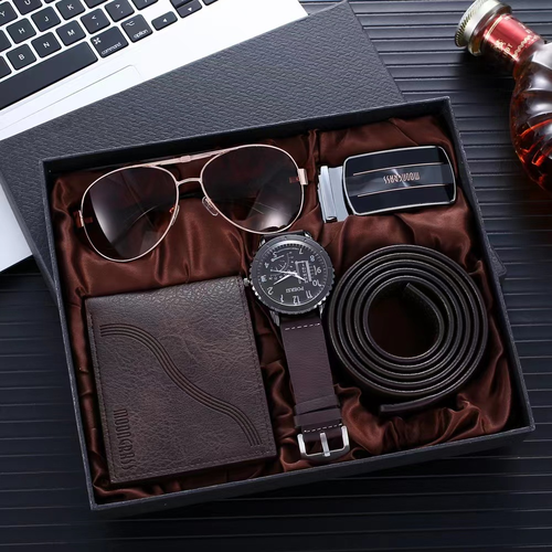 Elegant Men's Business Style Gift Set 1pc4pcs Quartz Watch Faux Leather Belt Fashion Glasses Faux Leather Wallet Electronic Alloy Case Battery Powered Gift Box for Any Occasion
