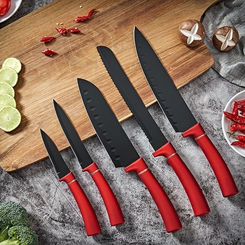 Red-handled, black-bladed kitchen knife set – making cooking an enjoyable experience!(1 box-5pcs)