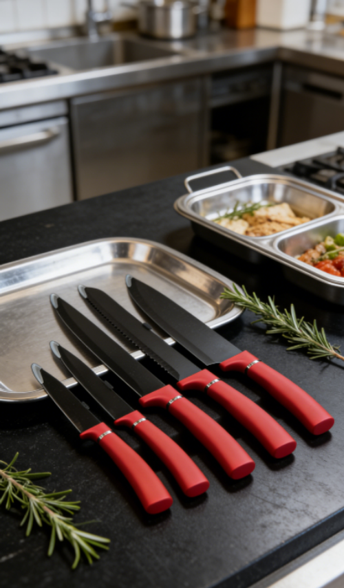 Red-handled, black-bladed kitchen knife set – making cooking an enjoyable experience!(1 box-5pcs)