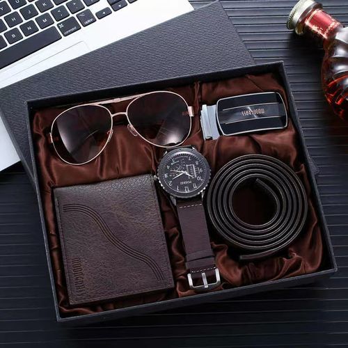 Elegant Men's Business Style Gift Set 1pc4pcs Quartz Watch Faux Leather Belt Fashion Glasses Faux Leather Wallet Electronic Alloy Case Battery Powered Gift Box for Any Occasion