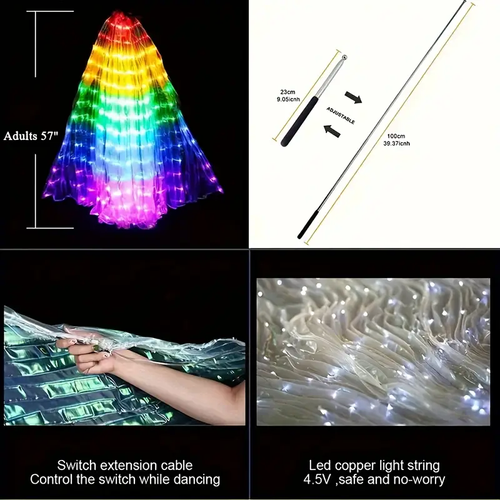 Vibrant Multi-Color LED Belly Dance Costume Wings - Light-Up Party Accessories, Polyester & Spandex, AA Battery Operated (Batteries Not Included) - Ideal for Performances & Nightclubs, Exotic Dancewear