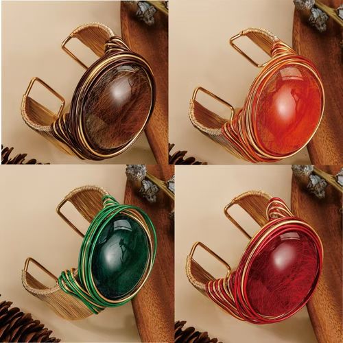 Wood-grain resin round-shaped metal open bracelet with an elegant and retro style
