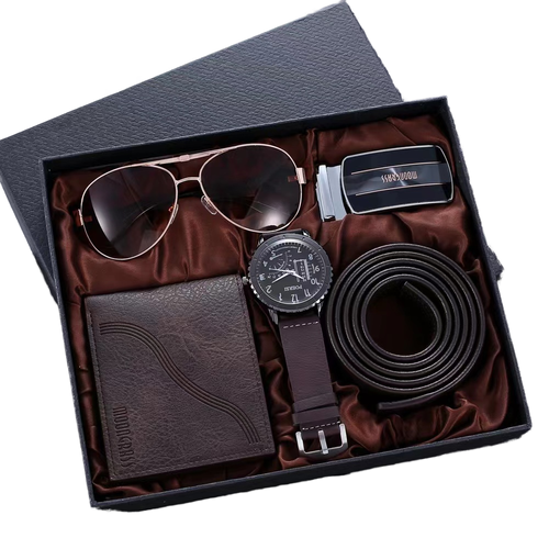 Elegant Men's Business Style Gift Set 1pc4pcs Quartz Watch Faux Leather Belt Fashion Glasses Faux Leather Wallet Electronic Alloy Case Battery Powered Gift Box for Any Occasion