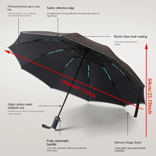 Stay dry and shine bright with our Fully Automatic Reverse Folding Umbrella! ☔️✨ Featuring a built-in LED flashlight, windproof 10-rib design, and UV protection for all weather!