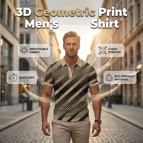 zzx👕 Men's Black and Khaki Geometric Print Short Sleeve Polo Shirt