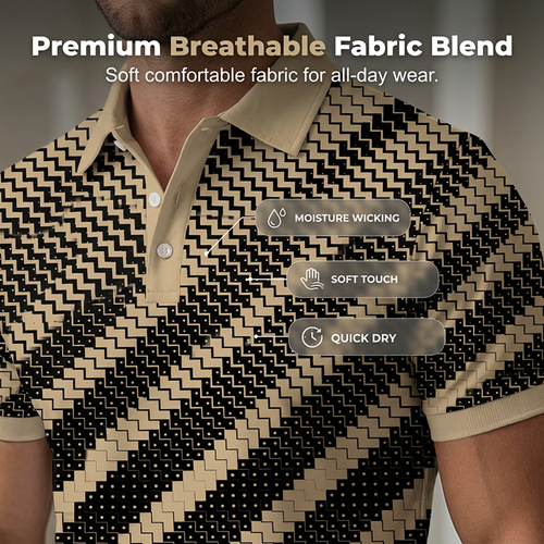 zzx👕 Men's Black and Khaki Geometric Print Short Sleeve Polo Shirt