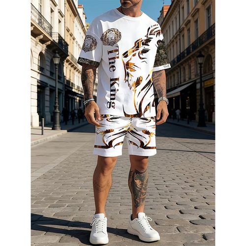 zzx 🦁 Men's Bold Lion Print Two Piece Casual Outfit Set