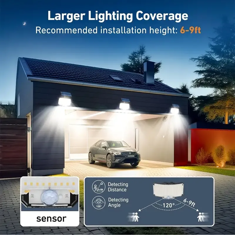 Luzes externas movidas a energia solar com sensor de movimento - 234 LED, 3 modos de iluminação, 6500K, fácil instalação para segurança de quintal, jardim, caminho e pátio