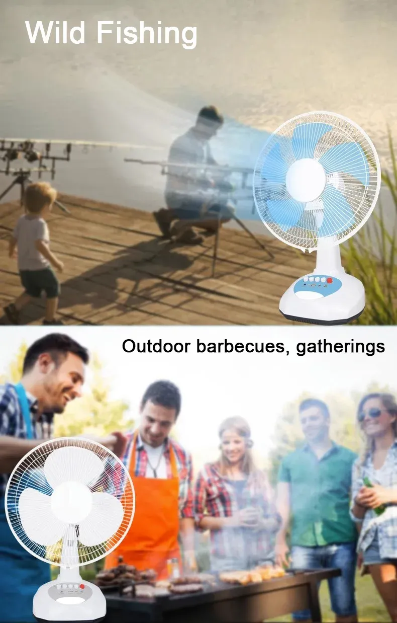 Ventilador de mesa elétrico solar de alta qualidade para uso doméstico com bateria de resfriamento recarregável DC 12 polegadas Ventilador solar eólico com lâmpada LED