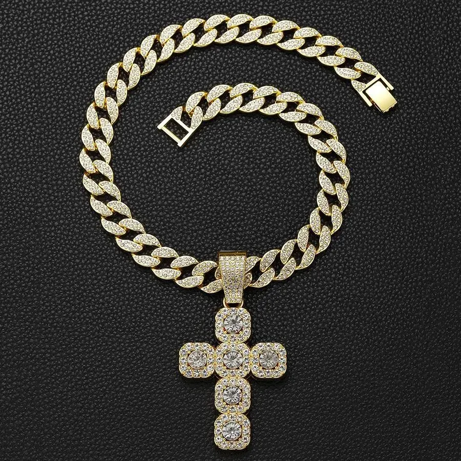 New 15mm Width Cuban Chain With Alloy and Rhinestone Hip Hop Big Cross Pendant Necklace