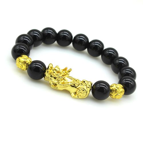 Fashion Gold Fengshui Pi Xiu Black Obsidian Jade Stones Pi Yao Beads Wealth Piyao Lucky Pixiu Feng Shui Bracelet