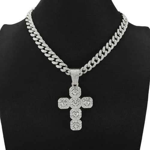 New 15mm Width Cuban Chain With Alloy and Rhinestone Hip Hop Big Cross Pendant Necklace