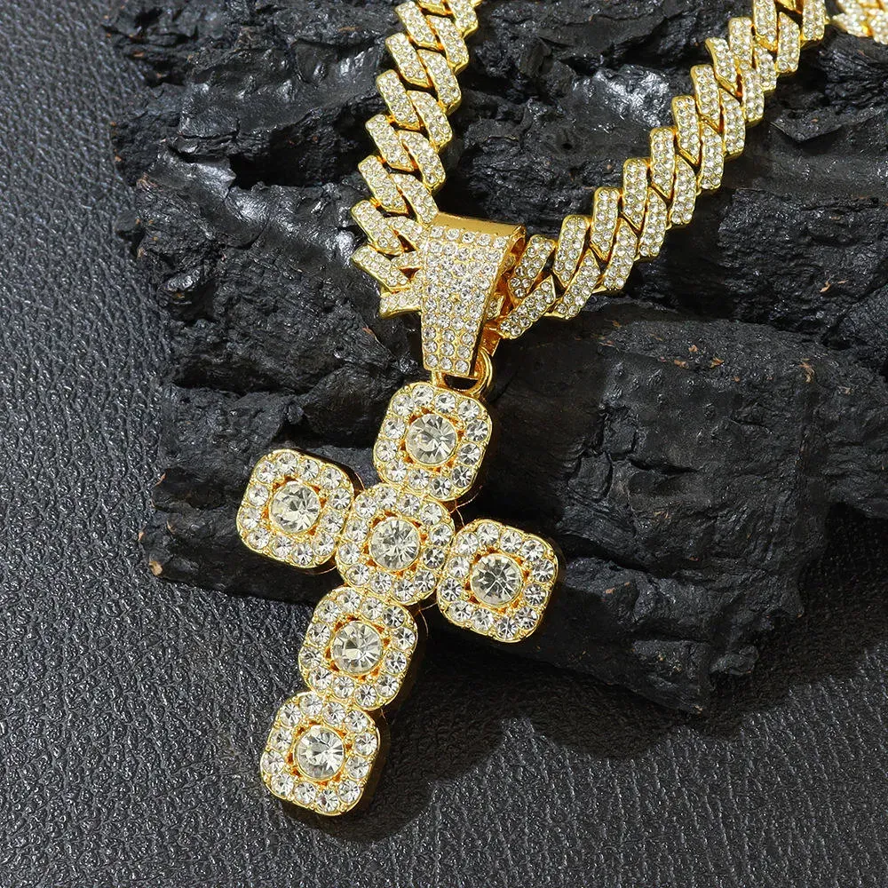 New 15mm Width Cuban Chain With Alloy and Rhinestone Hip Hop Big Cross Pendant Necklace