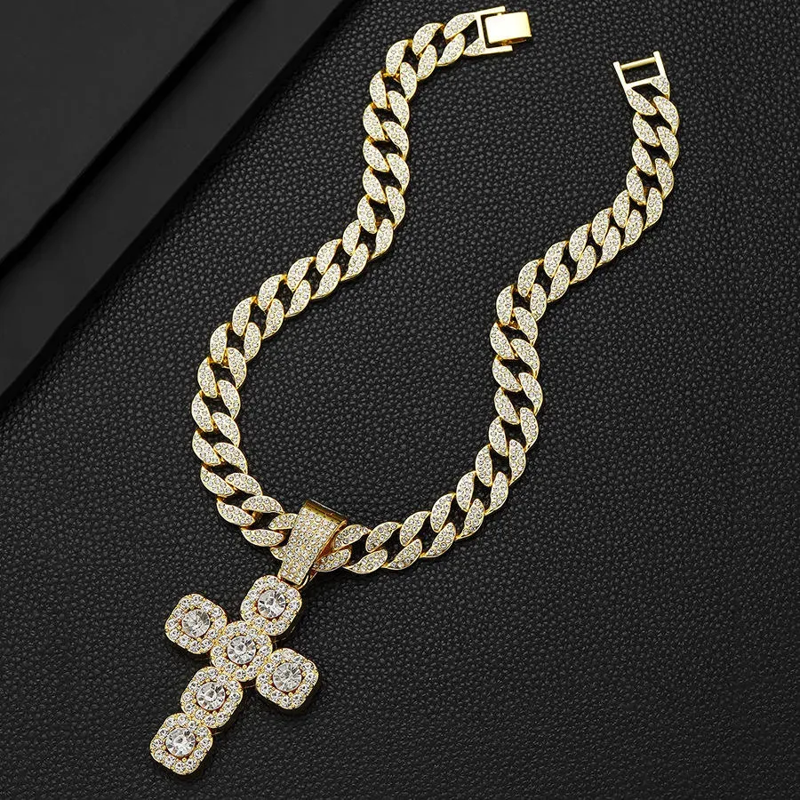 New 15mm Width Cuban Chain With Alloy and Rhinestone Hip Hop Big Cross Pendant Necklace