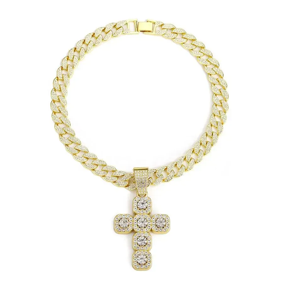 New 15mm Width Cuban Chain With Alloy and Rhinestone Hip Hop Big Cross Pendant Necklace