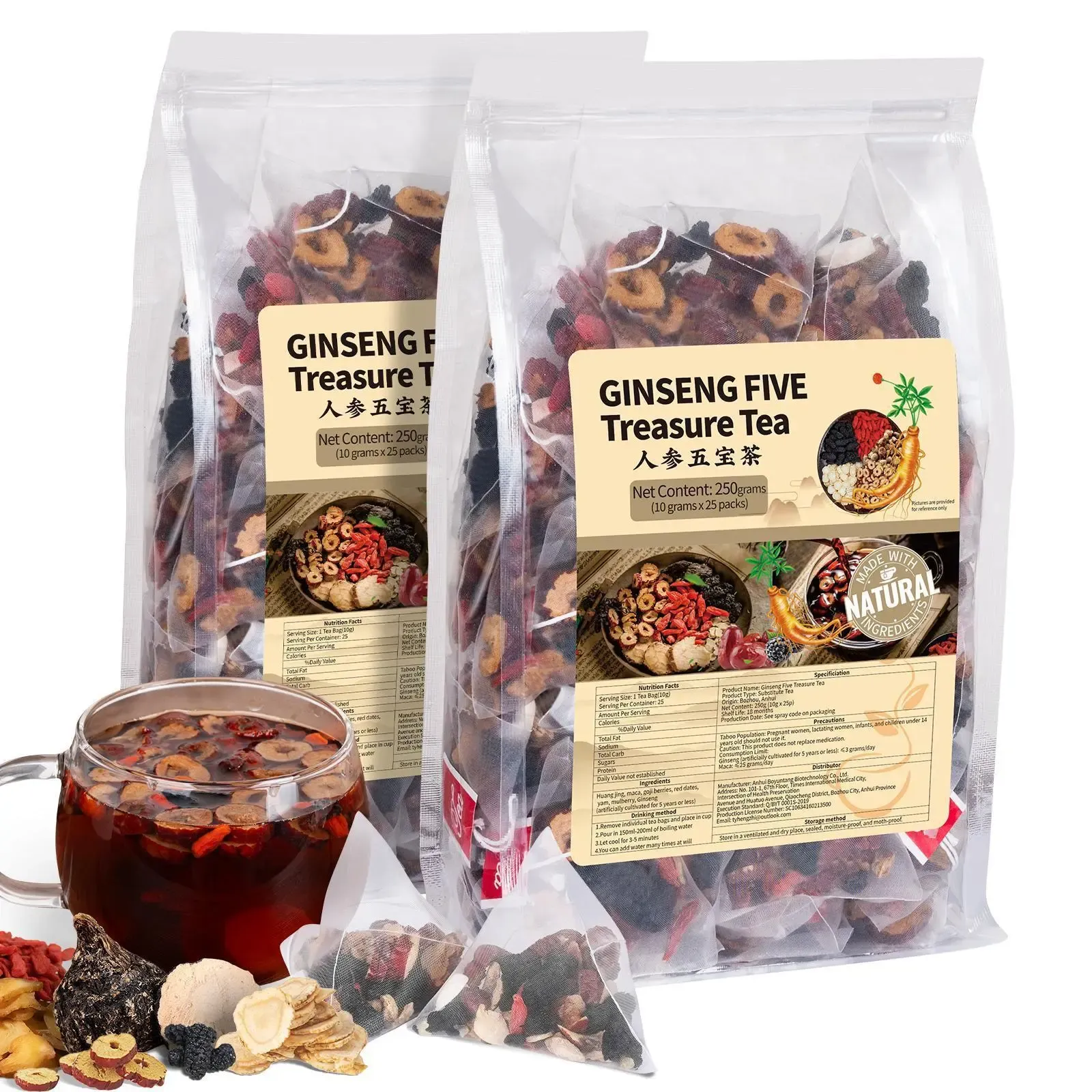 Ginseng Five Treasures Kidney Tea, Traditional Chinese Herbal TeaBags, Natural Organic Kidney Cleanse Detox Tea for Women & Men, 7 Precious Ingredients Formula(1 Pack   30 Bags)