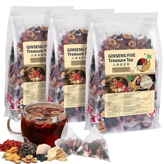 Ginseng Five Treasures Kidney Tea, Traditional Chinese Herbal TeaBags, Natural Organic Kidney Cleanse Detox Tea for Women & Men, 7 Precious Ingredients Formula(1 Pack   30 Bags)