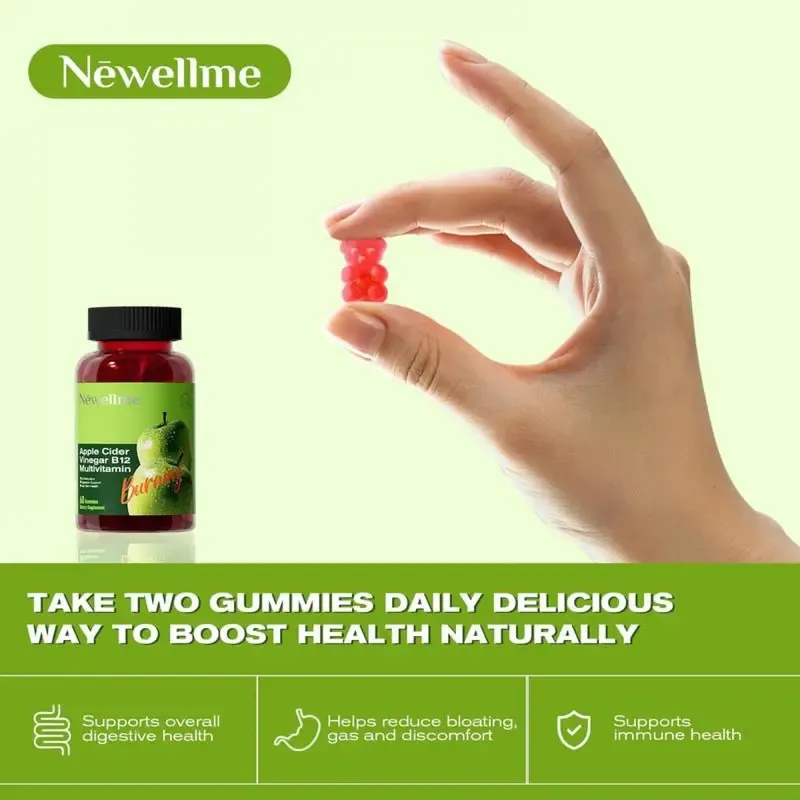 Sugar-Free Apple Cider Vinegar (ACV) Gummies with The Mother & B12, Vegan, Non-GMO, Gluten- & Gelatin-Free, 60 Gummies, Keto-Friendly,Helps Reduce Bioating, Gas And Discomfort,Supports Overall Digestive Health,Dietary Supplement Healthcare Vitamin