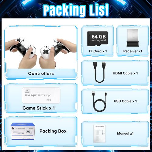 Retro Gaming Stick,Support 23 Emulators,Retro Gaming Console 64GB TF Card,Dual 2.4GHz Wireless Controllers,Game Stick 4K HDMI Plug and Play Video Games for TV