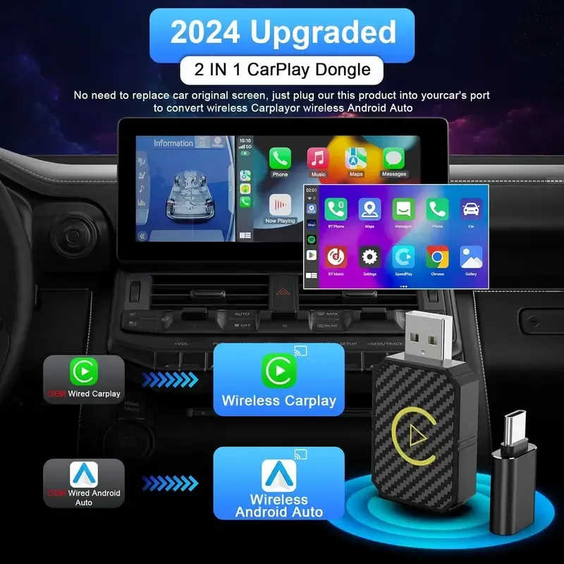 Wireless Apple CarPlay Adapter for Factory Wired Cars from 2016 Onwards - 2-in-1 Wireless CarPlay & Android Auto Adapter Easier Connectivity Compatibility Stable, Faster, Automotive