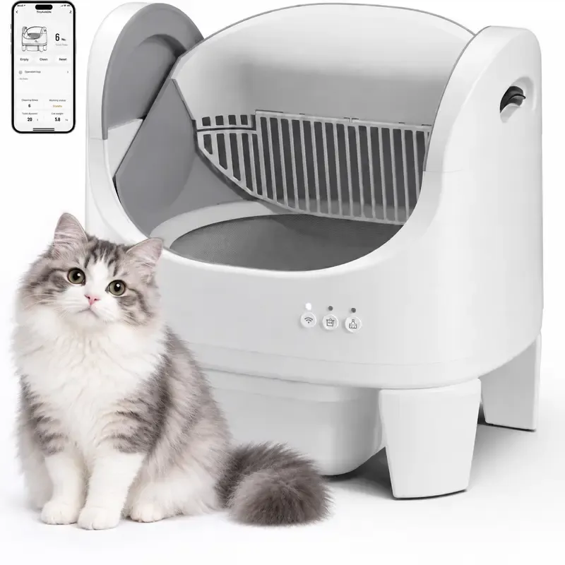Best Seller  ECORUI Self - Cleaning - Litter Box Open Top Automatic with App Control for Multiple Cats Safety Sensors Protection Cream White 16.5x17.3 Entrance 8L Compartment