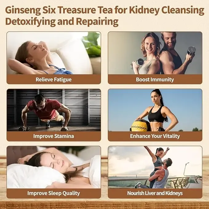 Ginseng Five Treasures Kidney Tea, Traditional Chinese Herbal TeaBags, Natural Organic Kidney Cleanse Detox Tea for Women & Men, 7 Precious Ingredients Formula(1 Pack   30 Bags)