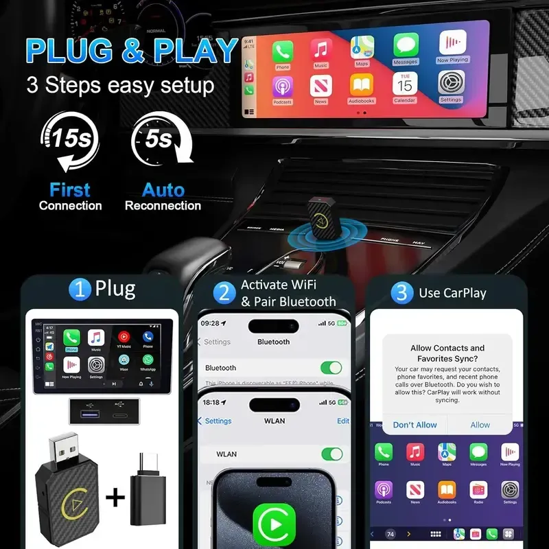 Wireless Apple CarPlay Adapter for Factory Wired Cars from 2016 Onwards - 2-in-1 Wireless CarPlay & Android Auto Adapter Easier Connectivity Compatibility Stable, Faster, Automotive